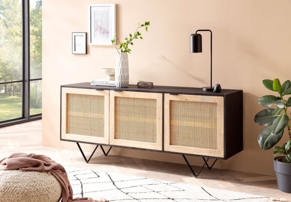Rootz Skænk i massivt træ i rattan - Kommode - Opbevaringsskab - Håndlavet - Rummelig opbevaring - Moderne design - 175 cm x 75 cm x 45 cm