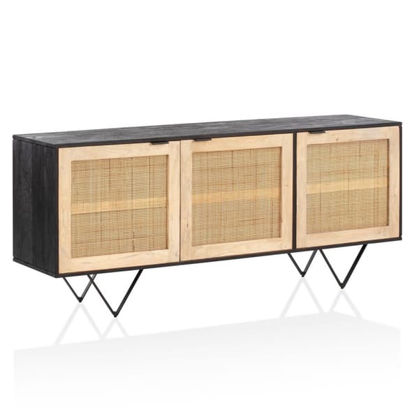 Rootz Skænk i massivt træ i rattan - Kommode - Opbevaringsskab - Håndlavet - Rummelig opbevaring - Moderne design - 175 cm x 75 cm x 45 cm