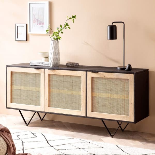 Rootz Skænk i massivt træ i rattan - Kommode - Opbevaringsskab - Håndlavet - Rummelig opbevaring - Moderne design - 175 cm x 75 cm x 45 cm