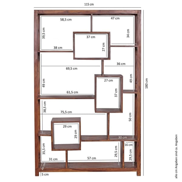 Rootz Bogreol Solid Sheesham Wood - Stor reol - Rumdeler - Håndlavet unikt design - Rigelig opbevaringsplads - 180 cm x 115 cm x 40 cm