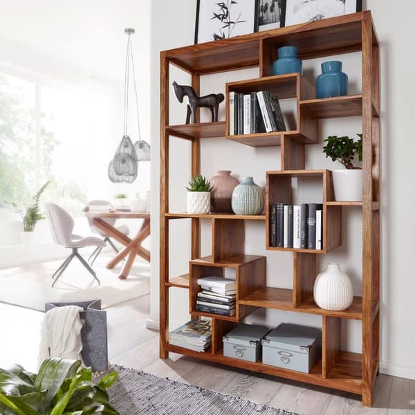 Rootz Bogreol Solid Sheesham Wood - Stor reol - Rumdeler - Håndlavet unikt design - Rigelig opbevaringsplads - 180 cm x 115 cm x 40 cm