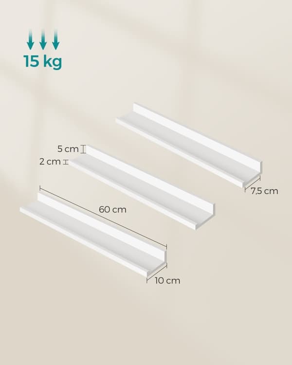 Rootz White Wall Hyll Set - Flytande hyllor - MDF - Lätt - Enkel montering - 10 cm x 60 cm x 5/2 cm - 2,6 kg - 15 kg Kapacitet
