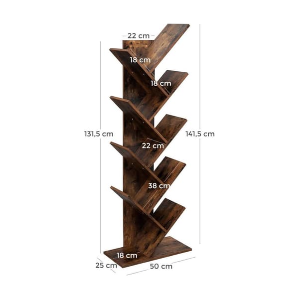 Rootz Tree Design reol - Unik bogreol - Moderne indretning - Spånpladeramme - Stabil og sikker - Alsidig - 50 cm x 25 cm x 141,5 cm