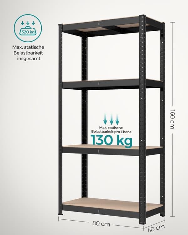 Rootz Heavy Duty opbevaringsstativ - Sort hylde - Stålreol - MDF Organizer - 520 kg Kapacitet - 40 cm x 80 cm x 160 cm