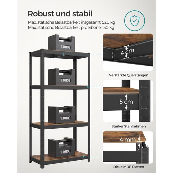 Rootz Vintage ruskea-musta teräs- ja MDF-telinehylly - Säilytysteline - Järjestäjä - Raskas - Tilava - Tukeva - 40 cm x 80 cm x 160 cm