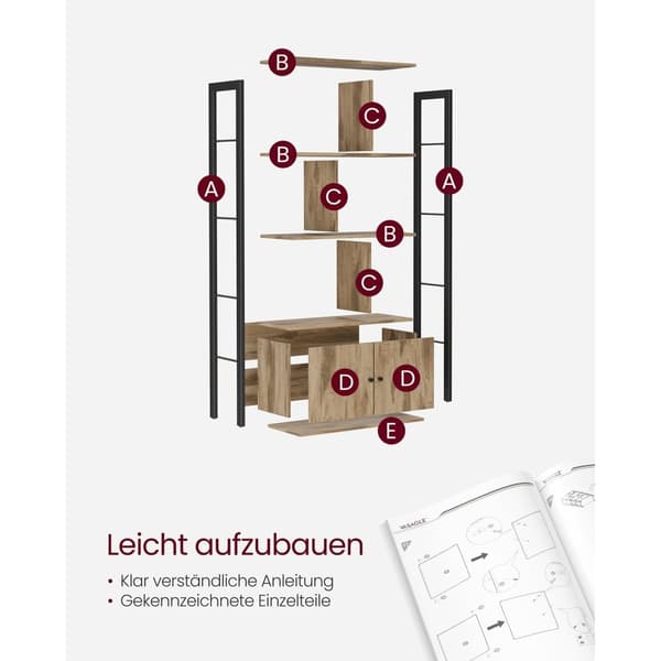 Rootz Eg brun-sort bogreol - Opbevaringsstativ - Spånpladestål - Justerbare hylder - 30 cm x 74 cm x 154,5 cm