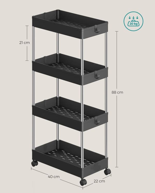 Rootz Niche -hylly - Säilytysteline - Järjestäjä - PP-muovi - Ruostumattomat teräsputket - 22cm x 40cm x 88cm - Musta - 6 koukkua - Helppo kokoaminen