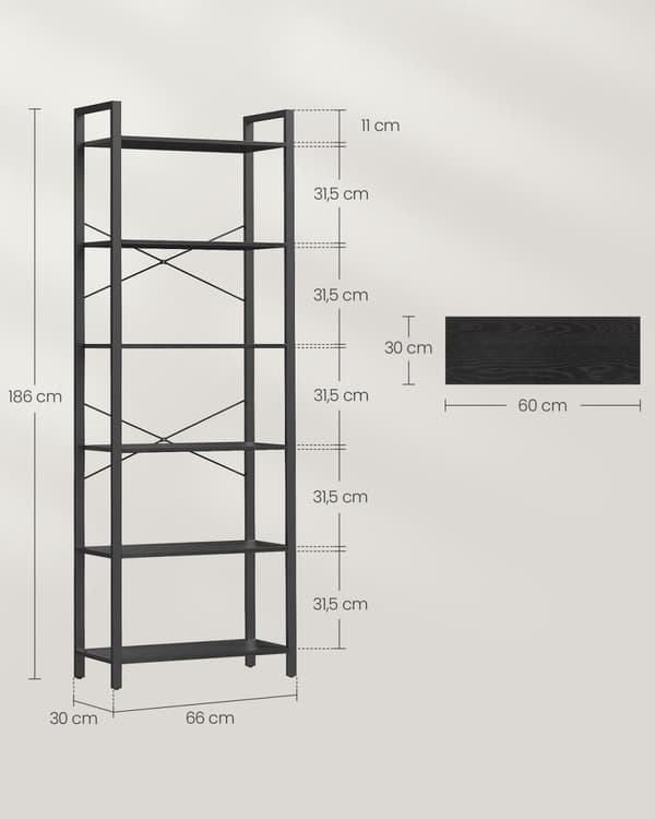 Rootz 6 -tasoinen kirjahylly - Ebony Black - Muste musta - Lastulevy teräs - Tilava säilytystila - Helppo koota - Moderni muotoilu - 30 cm x 66 cm x 1
