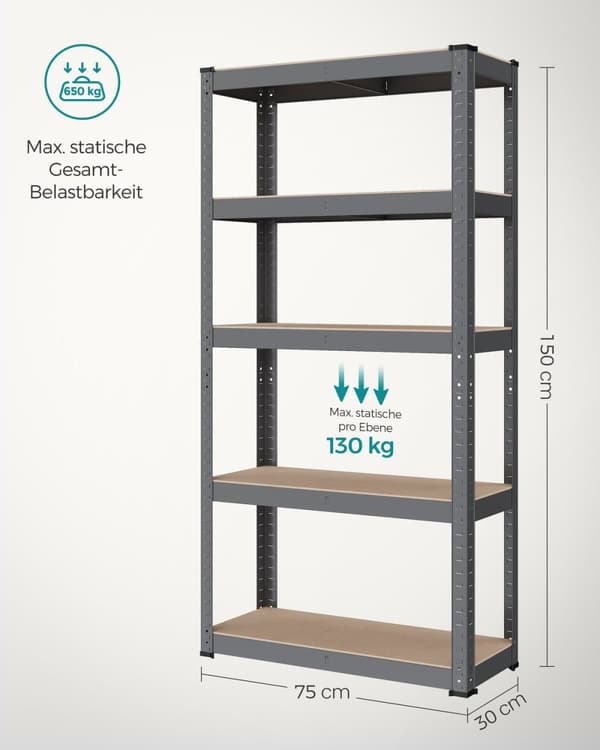 Rootz Grey Opbevaringsstativ - Reol - Metalstativ - Galvaniseret stål - MDF - Heavy Duty - 30 cm x 75 cm x 150 cm - 9,3 kg - 130 kg Hyldekapacitet - 6