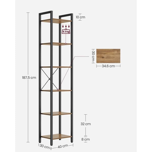 Rootz Bogreol Mørk Valnød-Sort - Spånplade stål - Høj opbevaringsenhed - Robust konstruktion - Nem montering - 30 cm x 40 cm x 187,5 cm