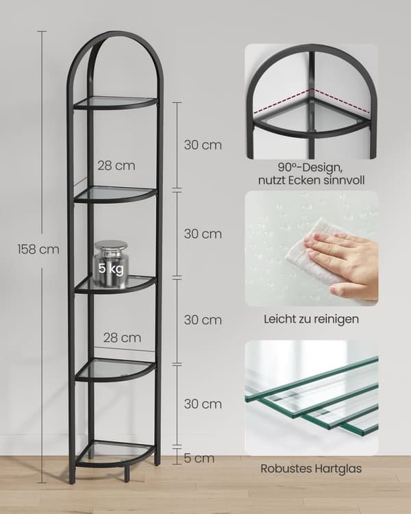 Rootz Classic Black Hjørnehylde - Udstillingsstativ i stålglas - Reoler i hærdet glas - Pladsbesparende - Nem montering - Moderne design - 28 cm x 28