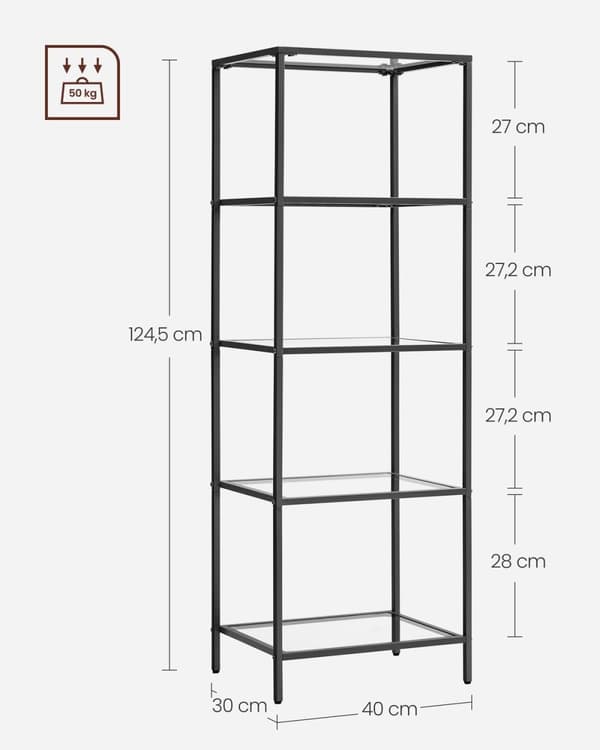 Rootz metal- og glashylde - Displaystativ - Opbevaringsstativ - Transparent blæk, sort - Robust konstruktion - Nem montering - Pladsbesparende design