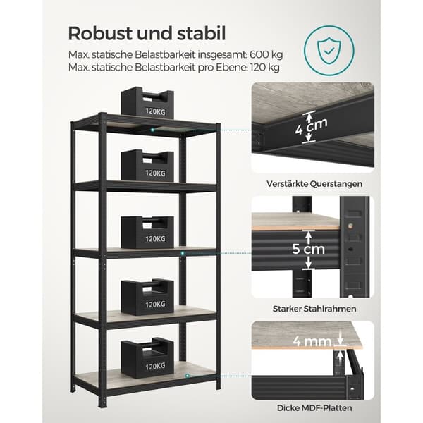 Rootz 3-tiers stativhylde - Opbevaringsstativ - Organizer - Stål og MDF - Greige Sort - 50 cm x 100 cm x 200 cm - Kraftig - Nem montering - Anti-tip f