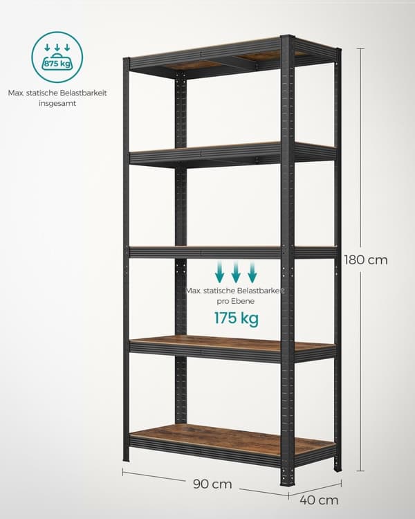 Rootz Heavy Duty -hylly - Säilytysteline - Metallihyllyt - Teräsrakenne - Ruosteenkestävä - Korkeussäädettävä - Vintage ruskea-musta - 40cm x 90cm x 1