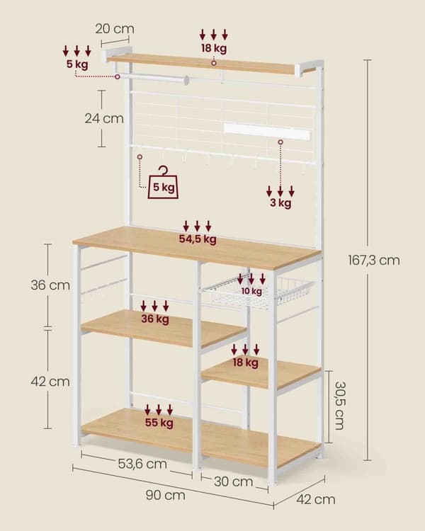 Rootz Golden Oak White Köksförvaringsställ - Skafferiorganisatör - Skåphylla - Spån- och stålkonstruktion - 42cm x 90cm x 167,3cm - Heavy Duty - Enkel