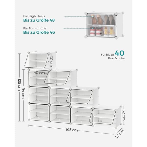 Rootz White 10 rum opbevaringshylde - Organiseringsstativ - Plastikhylder - ABS plastikstik - PP plastplade - Stålramme - 32 cm x 165 cm x 125 cm - Le
