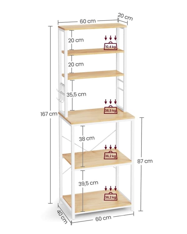 Rootz Eg Hvid spånplade stål kagerol - Bagestativ - Opbevaringshylde - Robust konstruktion - Nem montering - 40 cm x 60 cm x 167 cm