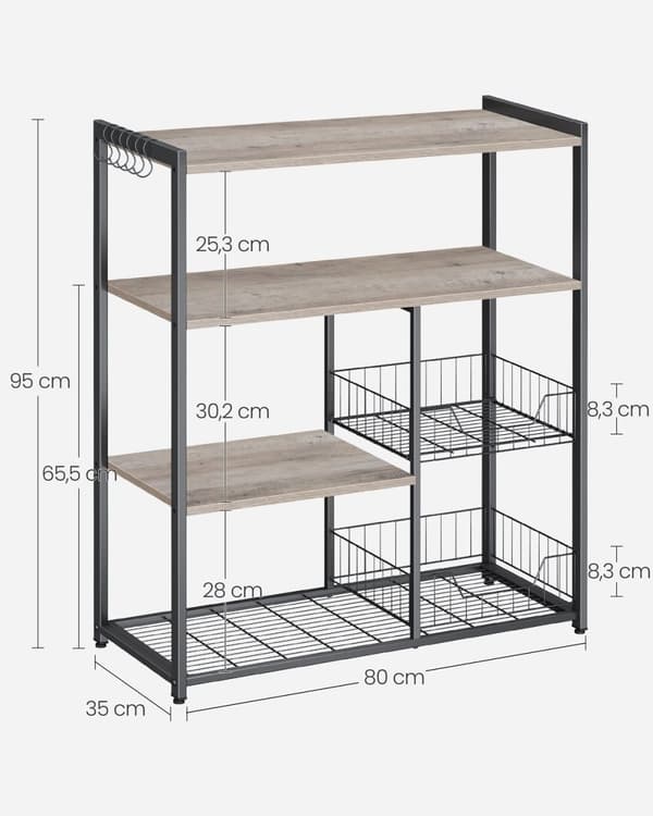 Rootz Kagerol Organizer - Cupcake Stand - Bagerist - Spånplade og stål - 35 cm x 80 cm x 95 cm - Greige Sort - 11,8 kg - 20 kg Hyldekapacitet - 10 kg