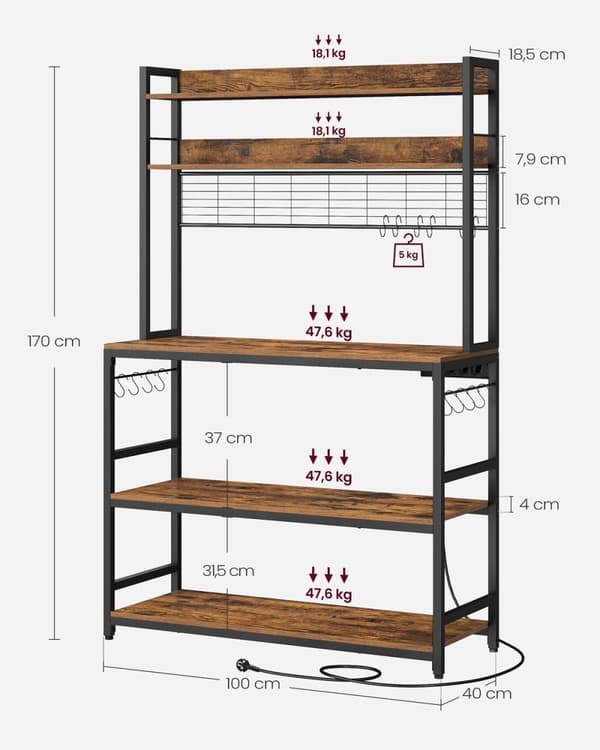 Rootz Vintage ruskea-musta kakkuteline - Säilytyshylly - Lastulevy teräs - Heavy Duty - Tilava - Monipuolinen - 40cm x 100cm x 170cm