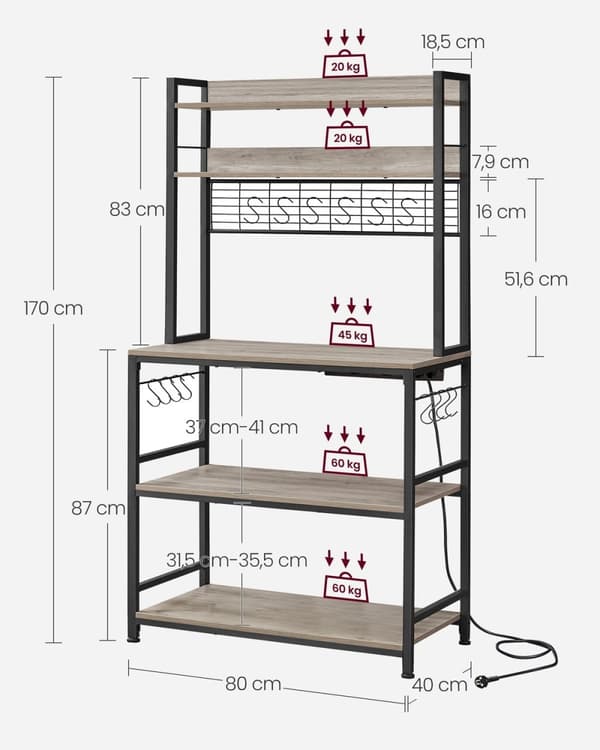 Rootz Greige sort kagerol - Opbevaringshylde - Spånpladestål - Heavy Duty - Nem montering - 40cm x 80cm x 170cm
