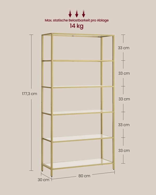 Rootzin kultainen metalli- ja lasihylly - Esittelyteline - Säilytysteline - Tyylikäs muotoilu - Tukeva rakenne - Helppo koota - 30 cm x 80 cm x 177,3