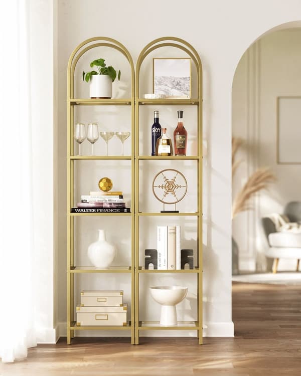 Rootz 5-lags metallisk guld gennemsigtig glashylde - Displaystativ - Opbevaringsstativ - Hærdet glas - Stålramme - 30,2 cm x 40 cm x 183,5 cm - Letvæg