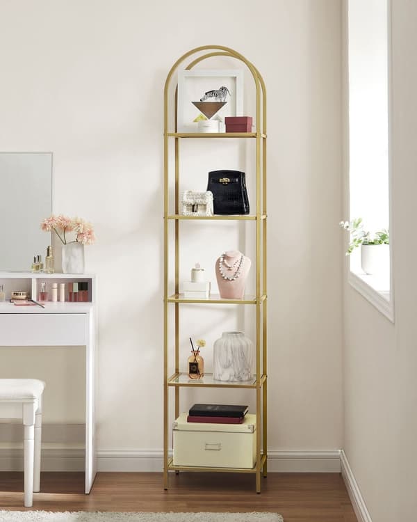 Rootz 5-lags metallisk guld gennemsigtig glashylde - Displaystativ - Opbevaringsstativ - Hærdet glas - Stålramme - 30,2 cm x 40 cm x 183,5 cm - Letvæg
