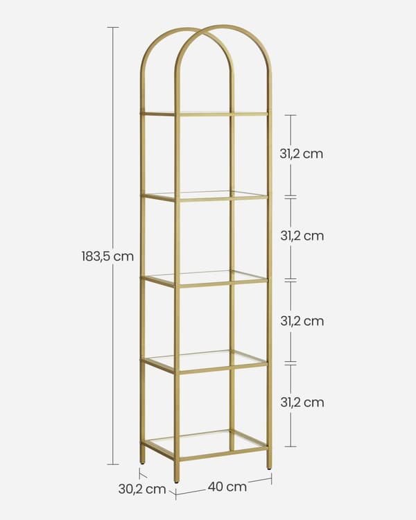 Rootz 5-lags metallisk guld gennemsigtig glashylde - Displaystativ - Opbevaringsstativ - Hærdet glas - Stålramme - 30,2 cm x 40 cm x 183,5 cm - Letvæg
