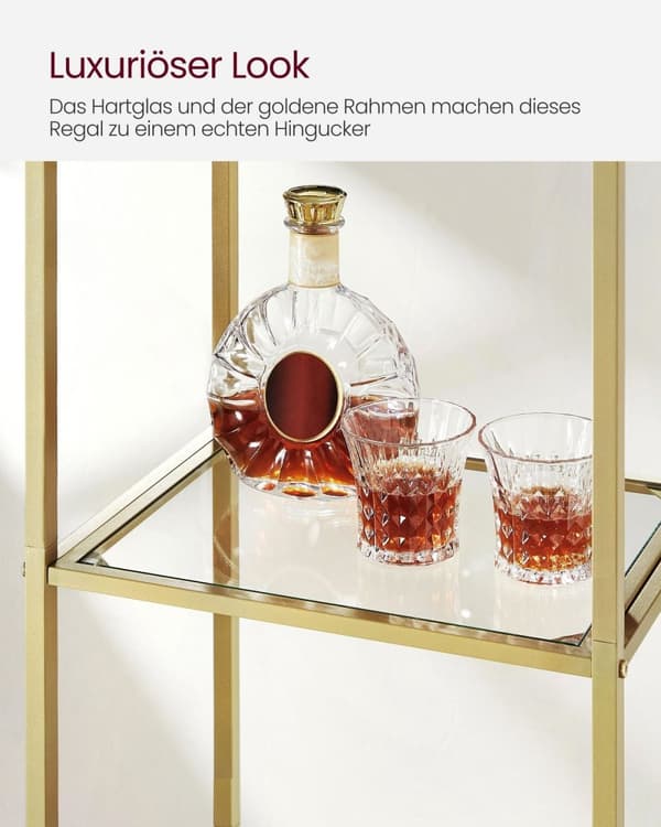 Rootz 5-lags metallisk guld gennemsigtig glashylde - Displaystativ - Opbevaringsstativ - Hærdet glas - Stålramme - 30,2 cm x 40 cm x 183,5 cm - Letvæg