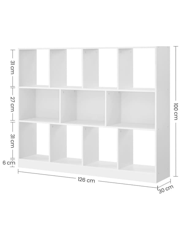 Rootz spånplade bogreol - Hvid opbevaringsstativ - Organizer - Robust konstruktion - Nem montering - 30 cm x 126 cm x 100 cm