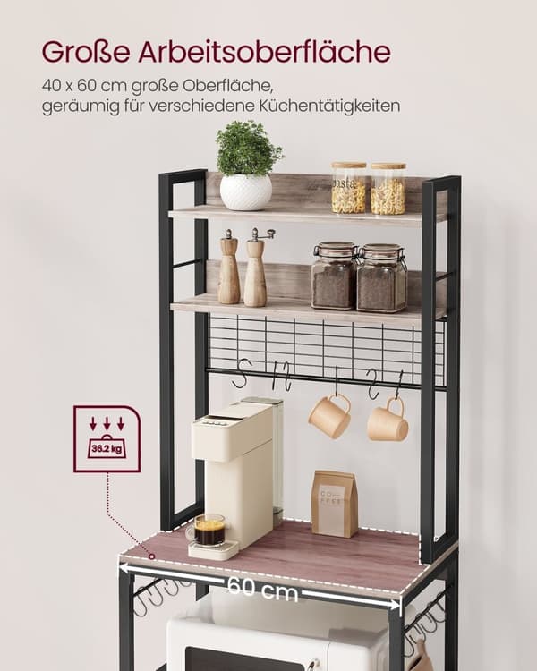 Greige sort spånplade stål kagerol - Bagestativ - Konditorhylde - Robust konstruktion - Rummeligt design - Nem montering - 40 cm x 60 cm x 170 cm