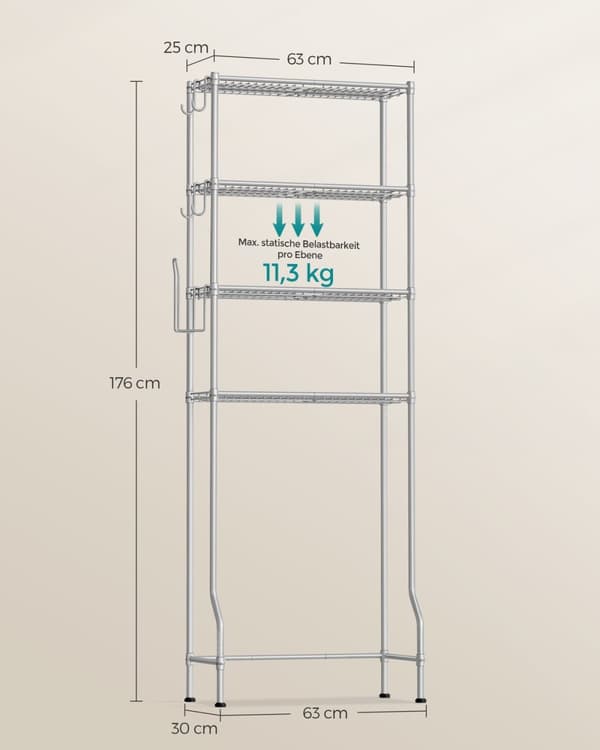 Rootz metallinen wc-hylly - Kylpyhuoneen järjestäjä - Säilytysteline - Dove Grey - Tukeva rakenne - Helppo koota - Tilaa säästävä - 30cm x 63cm x 176c