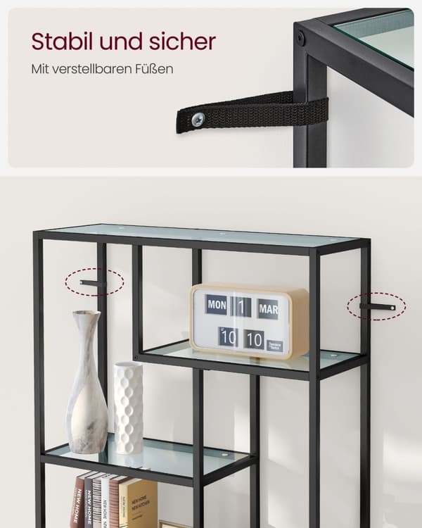 Rootz Black Glass Steel Stand Hylla - Displayställ - Härdat glashyllor - Robust stålram - 30cm x 80cm x 180cm