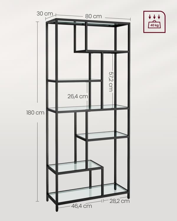 Rootz Black Glass Steel Stand Hylla - Displayställ - Härdat glashyllor - Robust stålram - 30cm x 80cm x 180cm