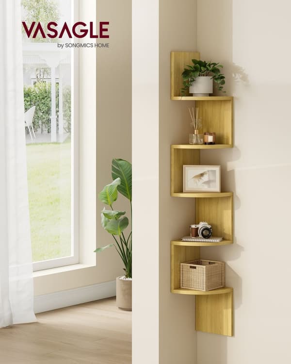 Rootz hængende hjørnehylde - Naturlig egefarve - Spånplade - Pladsbesparende - Nem montering - Alsidig opbevaring - 20 cm x 20 cm x 126 cm