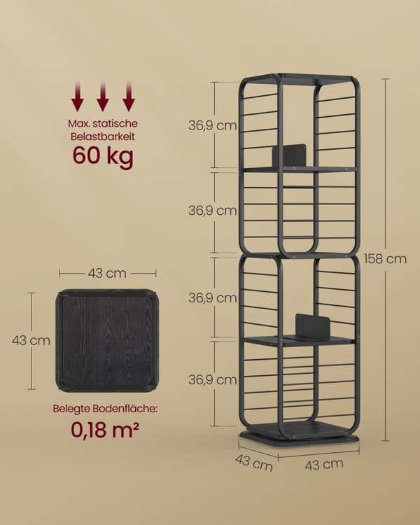 Rootz bogreol - Ebony Black-Ink Black - Spånpladestål - Stor opbevaring - Robust konstruktion - Nem montering - 43cm x 43cm x 158cm