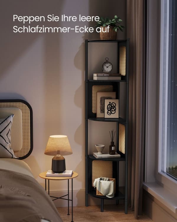 Rootz hjørnehylde - Opbevaringsstativ - Organizer - Stålramme - MDF-hylder - PP-rattankurve - 31,9 cm x 31,9 cm x 156,4 cm - Ibenholtsort - 7,9 kg - 1