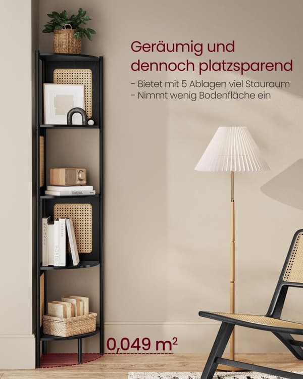 Rootz hjørnehylde - Opbevaringsstativ - Organizer - Stålramme - MDF-hylder - PP-rattankurve - 31,9 cm x 31,9 cm x 156,4 cm - Ibenholtsort - 7,9 kg - 1