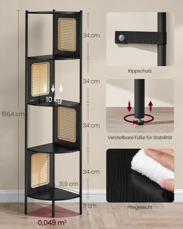 Rootz hjørnehylde - Opbevaringsstativ - Organizer - Stålramme - MDF-hylder - PP-rattankurve - 31,9 cm x 31,9 cm x 156,4 cm - Ibenholtsort - 7,9 kg - 1