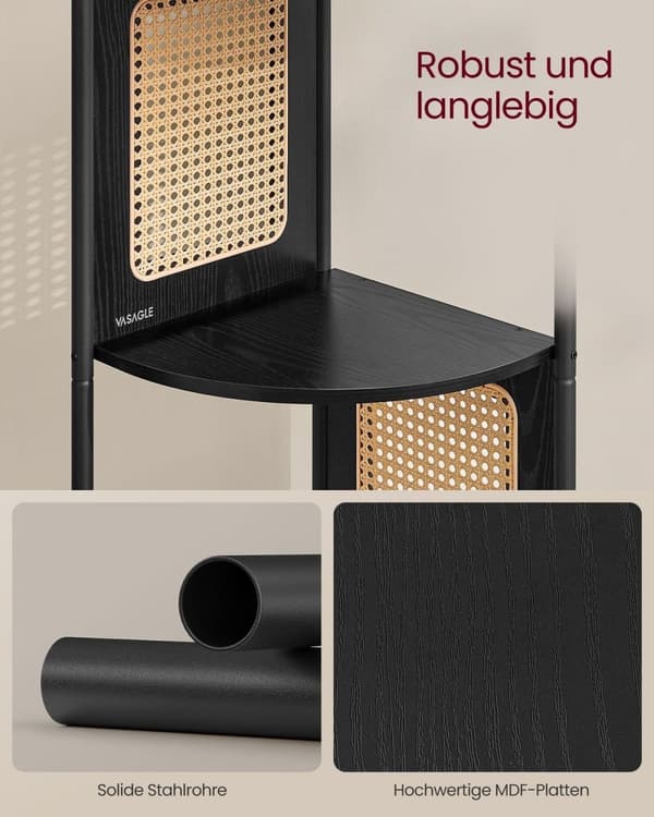 Rootz hjørnehylde - Opbevaringsstativ - Organizer - Stålramme - MDF-hylder - PP-rattankurve - 31,9 cm x 31,9 cm x 156,4 cm - Ibenholtsort - 7,9 kg - 1