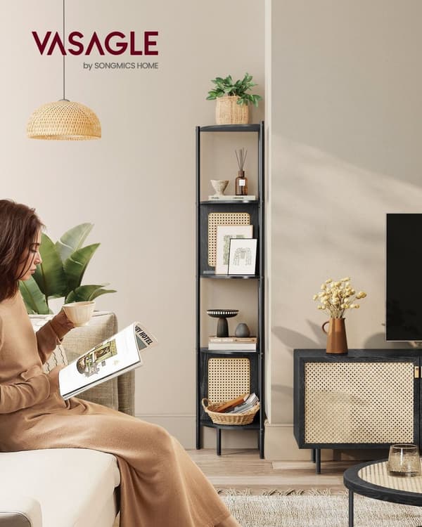 Rootz hjørnehylde - Opbevaringsstativ - Organizer - Stålramme - MDF-hylder - PP-rattankurve - 31,9 cm x 31,9 cm x 156,4 cm - Ibenholtsort - 7,9 kg - 1