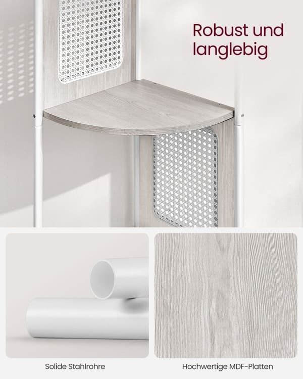Rootz Hjørnehylde - Opbevaringsstativ - Displaystativ - Stålramme - MDF-hylder - PP-rattankurve - 31,9 cm x 31,9 cm x 156,4 cm - Havregryn Beige - 7,9