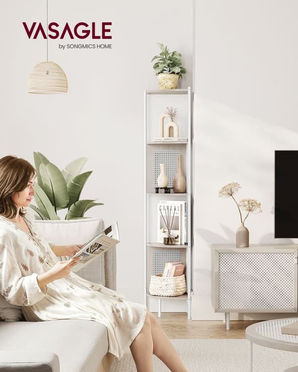 Rootz Hjørnehylde - Opbevaringsstativ - Displaystativ - Stålramme - MDF-hylder - PP-rattankurve - 31,9 cm x 31,9 cm x 156,4 cm - Havregryn Beige - 7,9