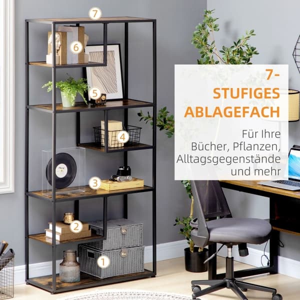 Rootz Bogreol Væghylde - Industriel bogreol - Displayhylde - 7 hylder - Robust stålramme - Tippebeskyttelse - 83 cm x 34 cm x 180 cm - Brun + Sort