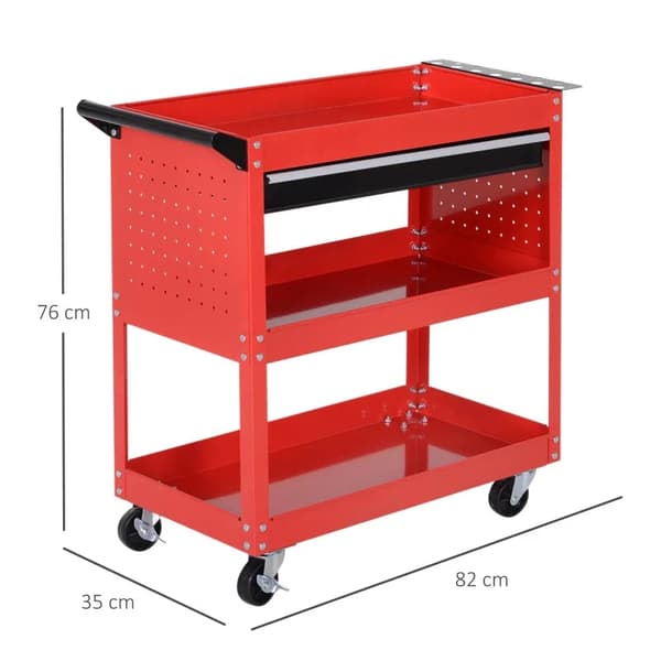 Rootz Værktøjskasse - Værktøjsvogn - Værktøjskasse - 3 niveauer - 4 hjul - Rød - 82 cm x 35 cm x 76 cm