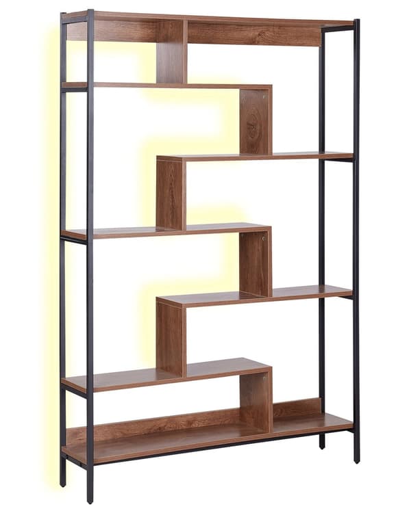 Bogreol mørkt træ 6 hylder LED lys åben metal stålramme industriel stil