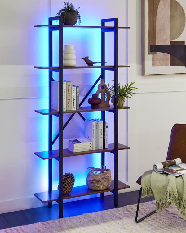 Bogreol mørkt træ 5 hylder LED-lys metalramme åben justerbare ben industriel stil
