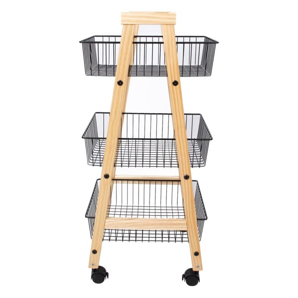 Hyllykkö BREN ”suippo” 3 korilla, renkailla, puuta/terästä, beige/musta