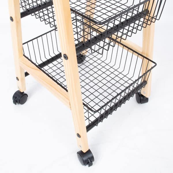 Hyllykkö BREN ”suippo” 3 korilla, renkailla, puuta/terästä, beige/musta