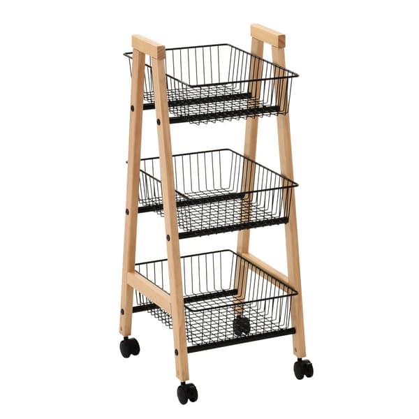Hyllykkö BREN ”suippo” 3 korilla, renkailla, puuta/terästä, beige/musta